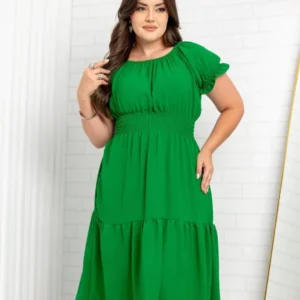 Vestido Midi Evangélico Plus Size Feminino Duas Marias Rodado Manga Curta