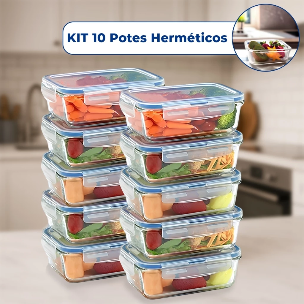 Kit Pote de Vidro Hermético Retangular 10 / 5 Unid Travas Marmita Fit Microondas Mantimentos
