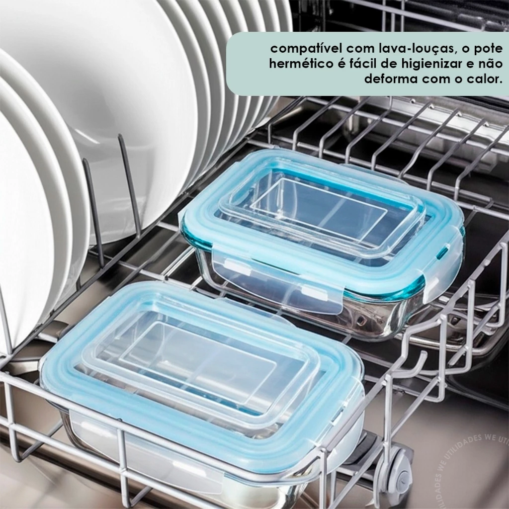 Kit Pote de Vidro Hermético Retangular 10 / 5 Unid Travas Marmita Fit Microondas Mantimentos - Imagem 4