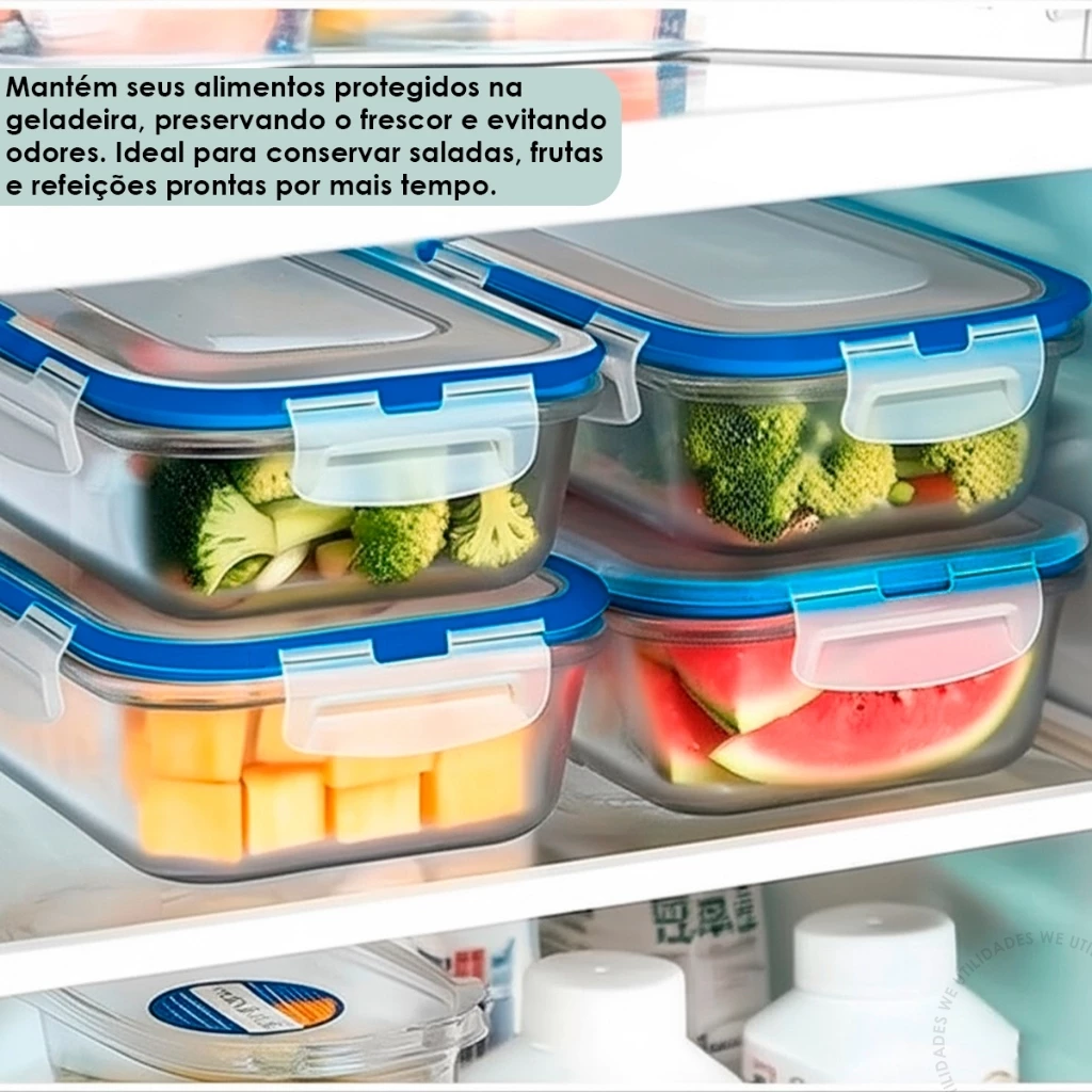 Kit Pote de Vidro Hermético Retangular 10 / 5 Unid Travas Marmita Fit Microondas Mantimentos - Imagem 2